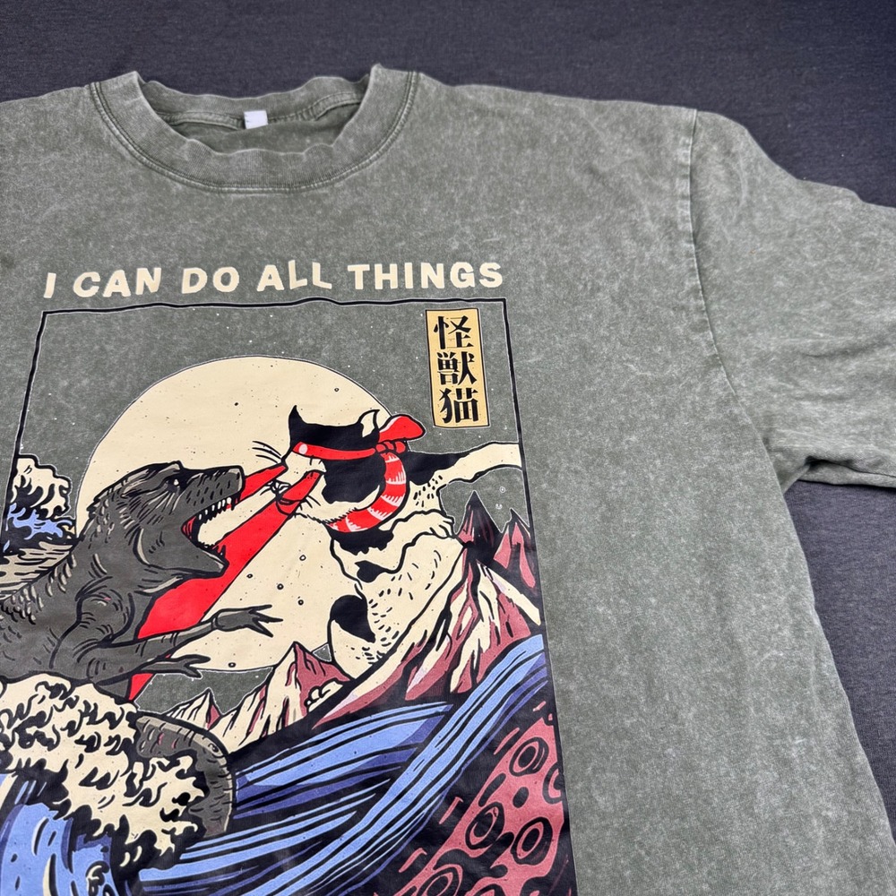 Mens Graphic T Shirt Kaiju Cat Dinosaur Vintage‎ Wash